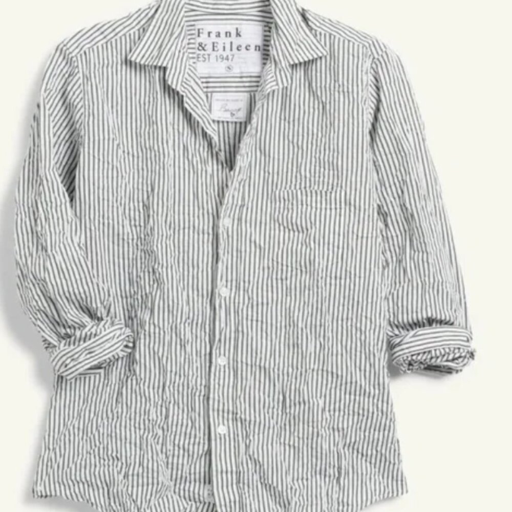 Frank & Eileen Barry Signature Crinkle Button Up Shirt 100% linen pinstripe, S
